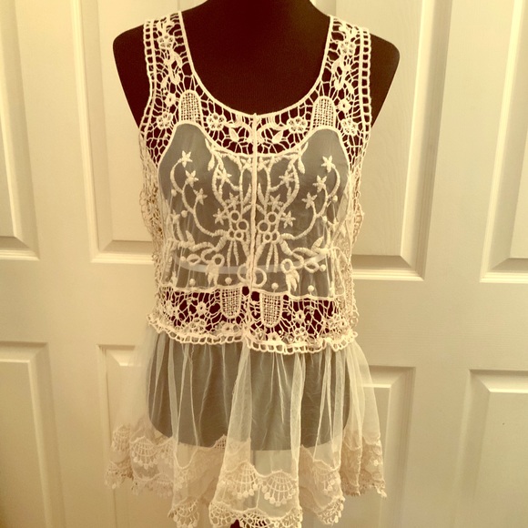 Poof! Tops - Poof cream lace & sheer top/coverup size large GUC